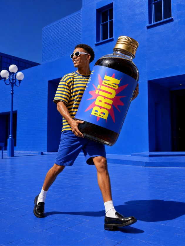 Person in striped shirt carrying a giant BRÜN bottle across a blue rooftop