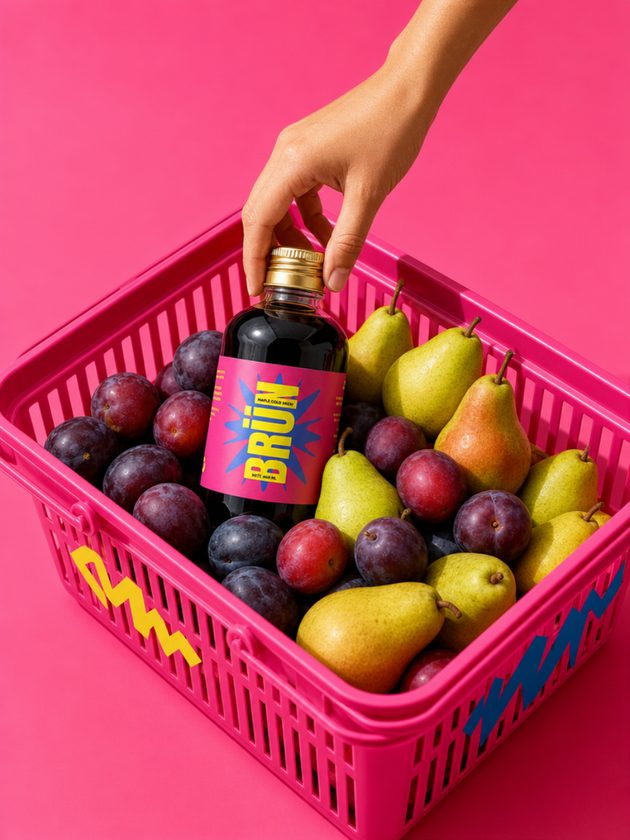 Pink shopping basket filled with plums, pears and a BRÜN bottle