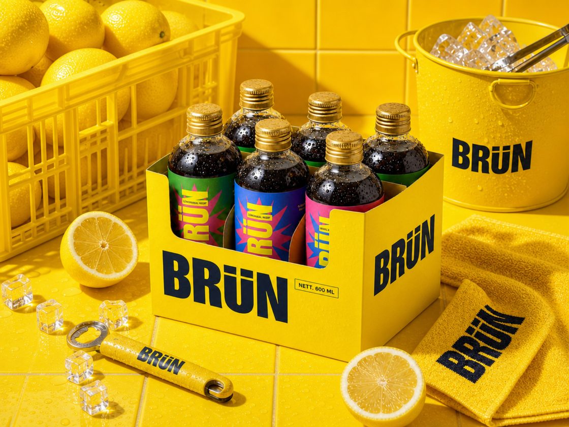 Yellow BRÜN six-pack crate with bottles and a lemon slice