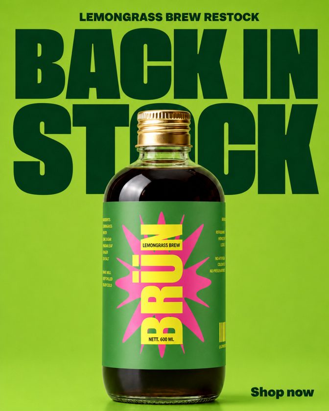 BRÜN Lemongrass back-in-stock poster with green display type