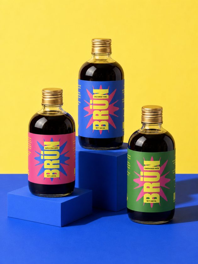 Three BRÜN bottles staged on blue podium blocks