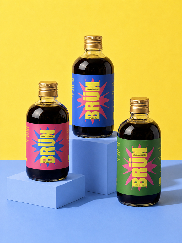 All three BRÜN flavors on display blocks